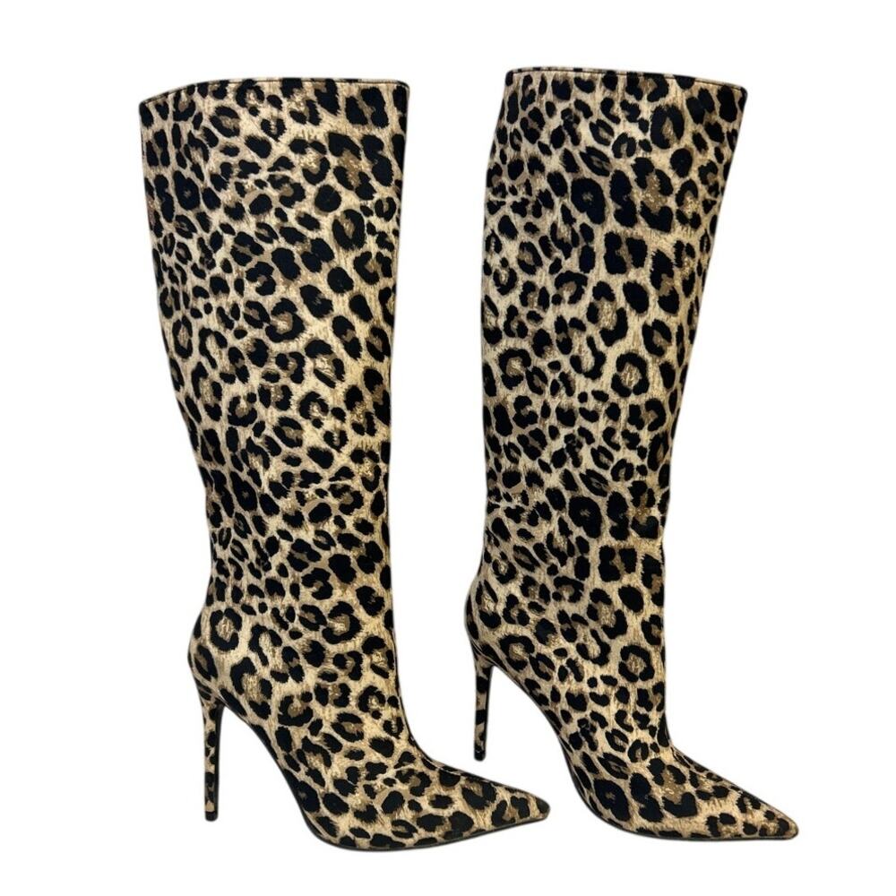 Caglglz Womens Size 7 Leopard Print 4.25" Heel Boot Pointed Toe Thigh High Shoes